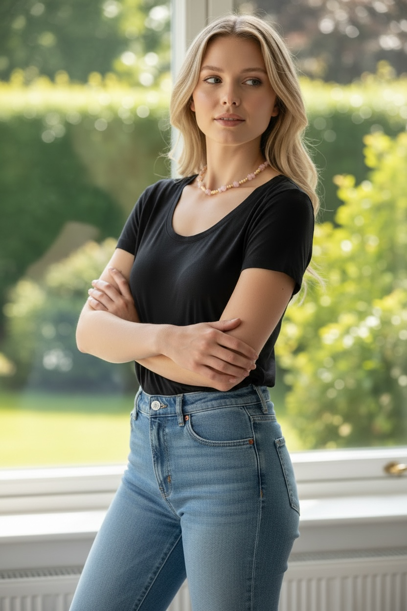 Halskæde med krystaller vist på model, blid og varm krystal halskæde velegnet som gave, lavet af Monnas Smykkedesign
