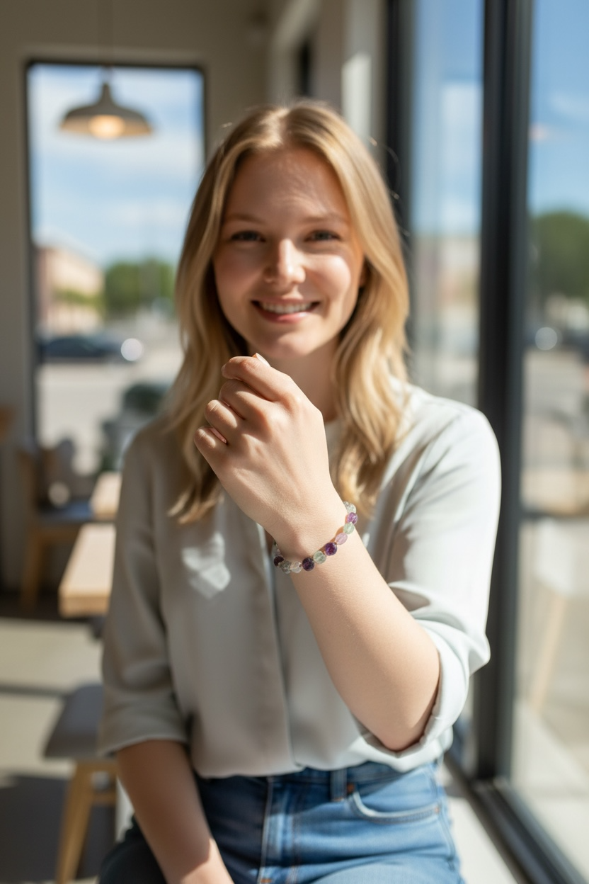 Flourit-krystal-armbånd-med-naturlige krystaller-lavet af Monnas Smykkedesign