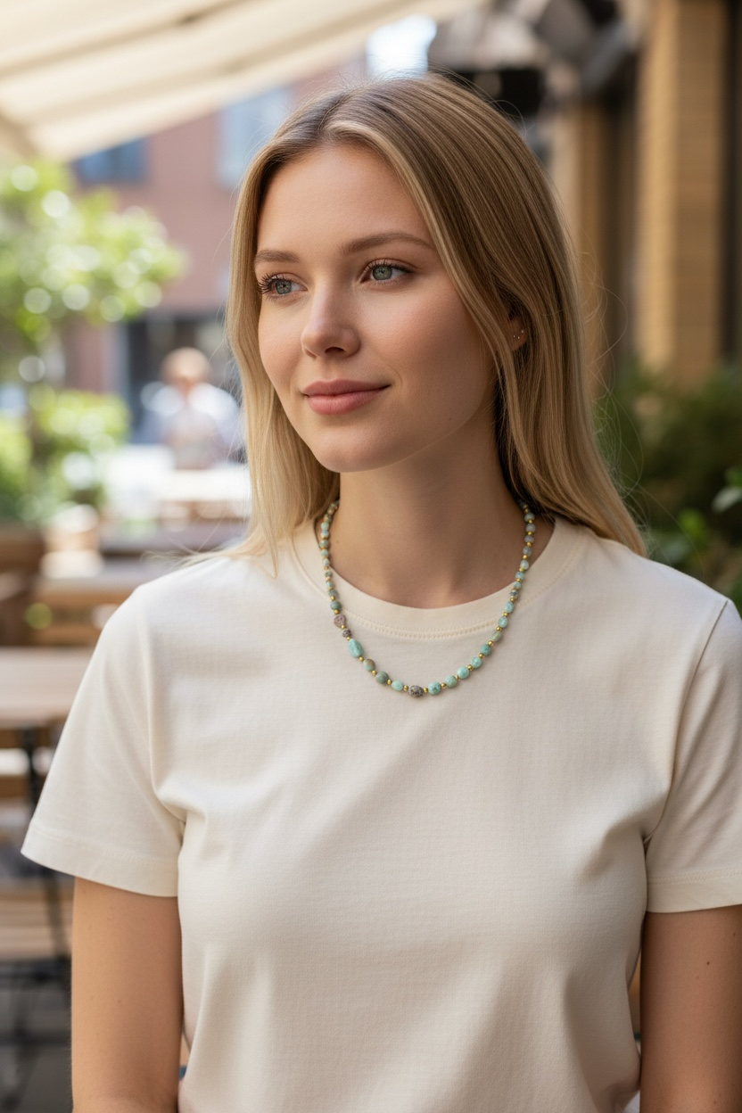 Krystal halskæde med Larimar båret på model, halskæde med krystaller der falder roligt og elegant på halsen lavet af Monnas Smykkedesign 